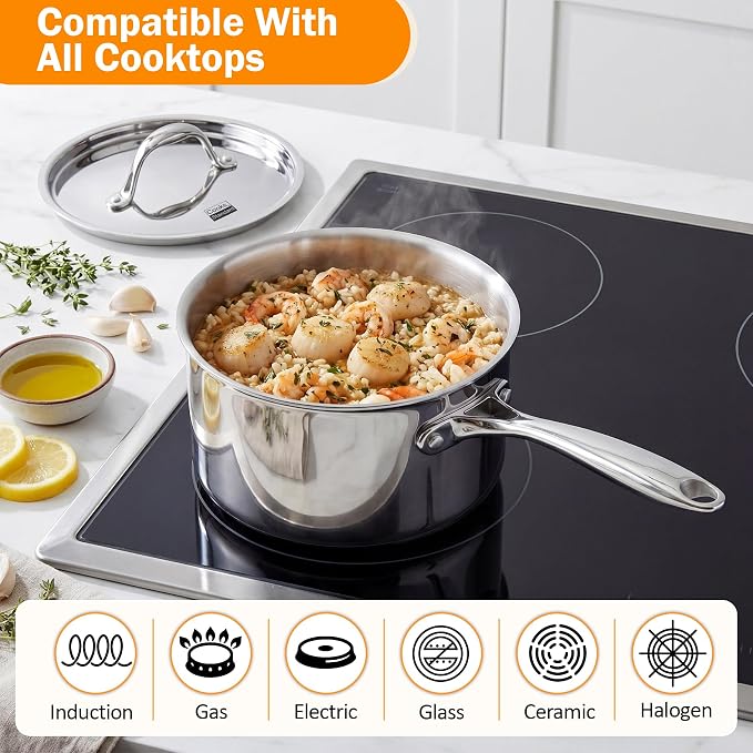 Cooks Standard Multi-Ply Clad 3 Quart Stainless Steel Saucepan with Lid, Kitchen Induction Cooking Sauce Pot Pan, Dishwasher & Oven Safe, Compatible with All Cooktops