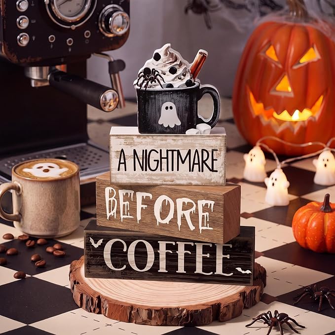 Lineshading 4 Pcs Halloween Farmhouse Tabletop Decor, Ghost Mug Topper | Rustic Wooden Block Signs with Coffee Theme, Perfect for Tiered Tray Decor and Home, Includes Decorative Mug Topper
