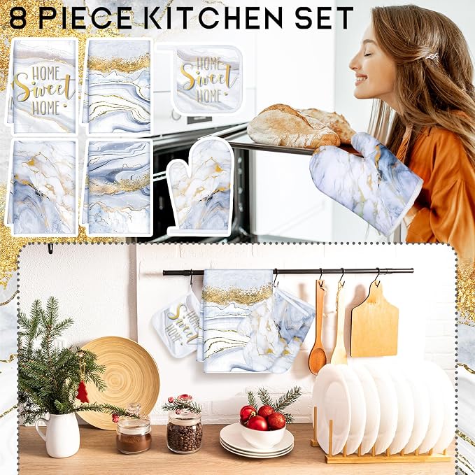 Leinuosen White and Gold Marble 8 Pcs Kitchen Towels and Dishcloths Sets Oven Mitts and Pot Holders Absorbent Kitchen Gloves Potholders Heat Resistant for Chef Baking Cooking