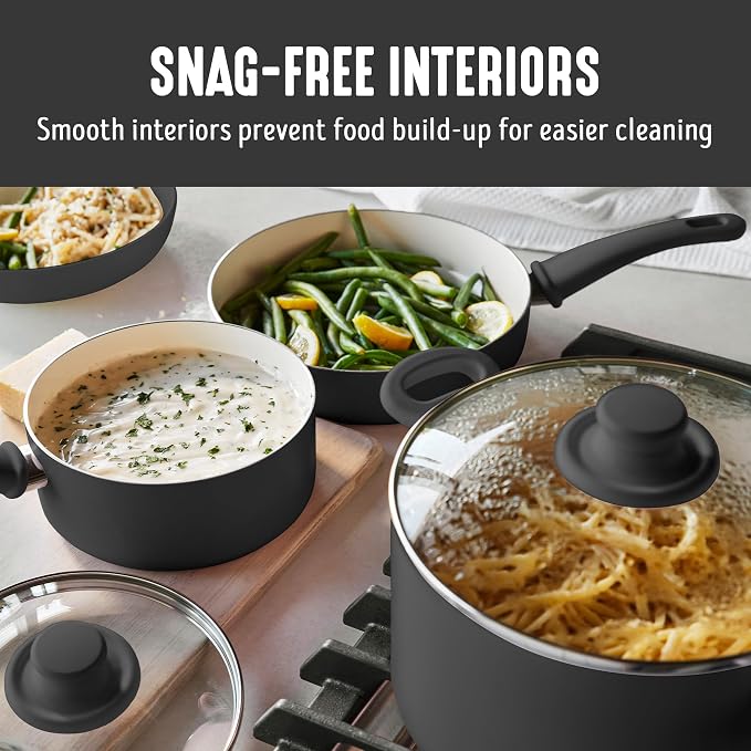 GreenLife 16 Piece Ceramic Nonstick Pots & Pans Cookware Set, Black & Cream | PFAS-Free Nonstick Coating, Stockpot, Frying Pans, Saucepans, Sauté Pan, Stay-Cool Handles, Dishwasher & Oven Safe up to 350F