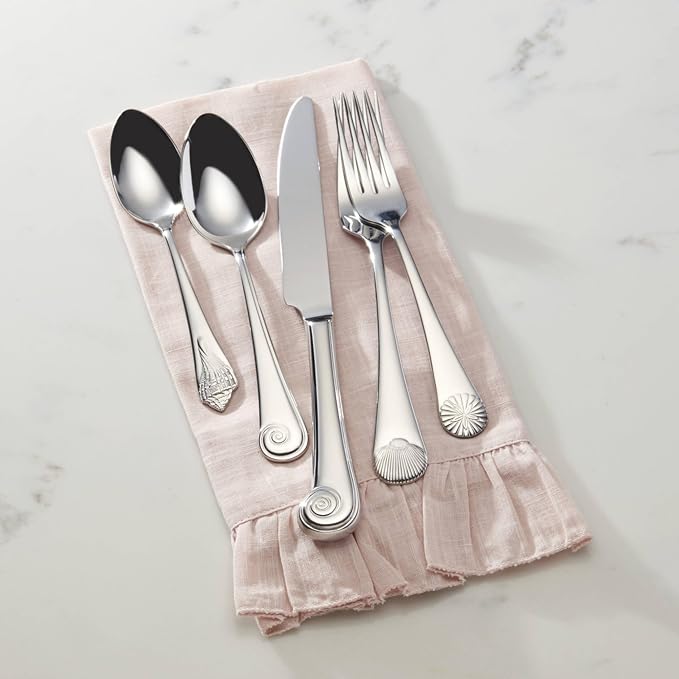 Reed & Barton Seashell 5Pc Flatware Place Setting, 5 Piece, Silver | silver, dishwasher safe | includes knives, forks, and spoons | heavy duty, cutlery set for kitchen and dining, utensil set