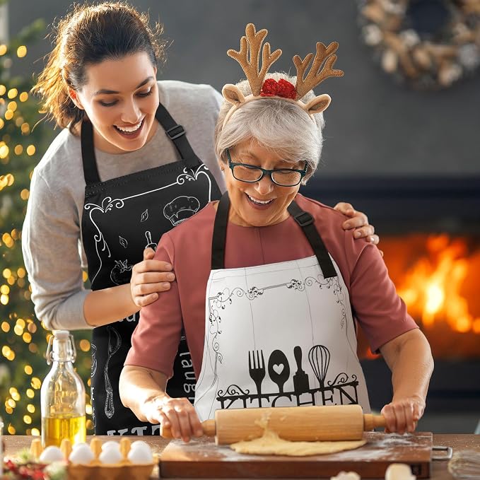 13 Pcs Christmas Kitchen Sets Christmas Aprons Oven Mitts and Pot Holders Dish Towels Wooden Spoons for Xmas Gifts(Black White, Kitchen)