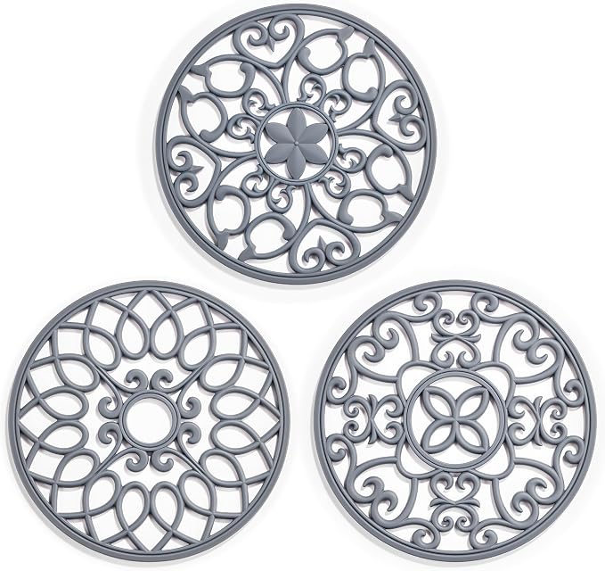 SMARTAKE 3 Set Silicone Trivet Mats for Hot Dishes Pots and Pans (Grey) | Heat Resistant Pots and Pans Holders, Non-Slip Flexible Pads Coasters for Countertops Table, Modern Kitchen Decor Accessories