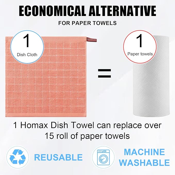Homaxy 100% Cotton Terry Kitchen Dish Cloths, 8 Pack, Coral | Ultra Soft and Absorbent, Suitable for Drying and Washing Dishes