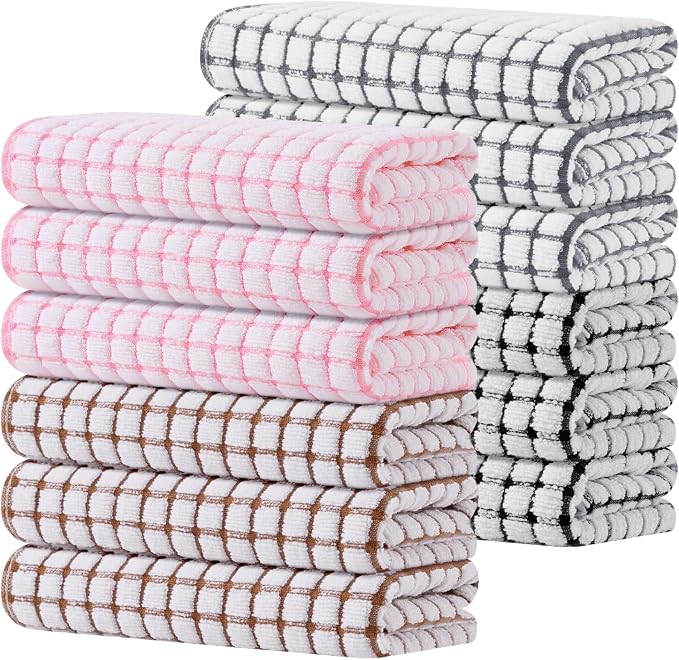 Kitinjoy Cotton 12 Pack Terry Kitchen Towels, Mix Color | 16 x 25 Inches Super Soft and Absorbent Dish Towels, Quick Drying hand towels for kitchen Drying