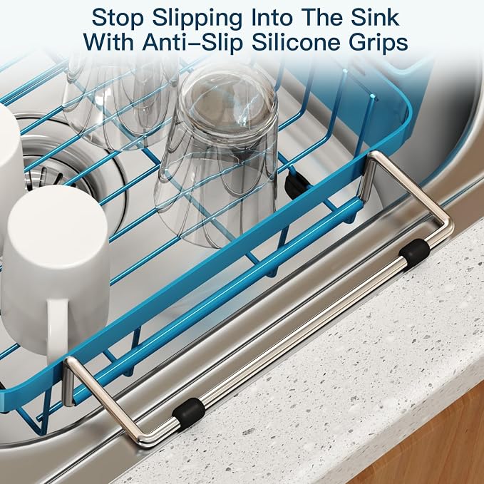 Blue Dish Drying Rack Over The Sink with Utensil Holder | Expandable Stainless Steel Dish Drainer for Small Kitchen, Apartment, RV, Counter Space Saving, Perfect Fit, Rustproof