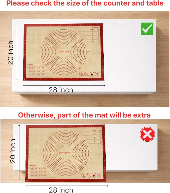 Silicone Pastry Mat with Measurements, 28 x 20 Inch Extra Thick Non-Slip Nonstick XL Baking Mat for Dough Rolling, Kneading, Fondant and Pie, Red