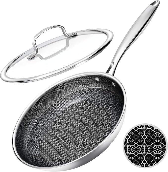 USELUCK Hybrid Non stick Frying Pans with Glass Lid, 10-Inch Frying Pan. | Stainless Steel Skillet with Honeycomb Surface,Oven-Safe,PFAS-Free,Compatible with All Cooktops.