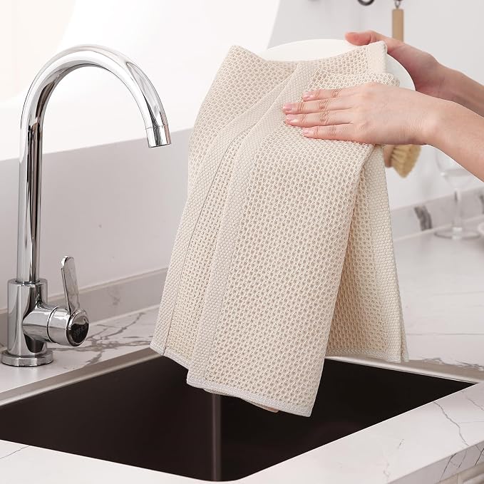 Homaxy 100% Cotton Oversized Waffle Weave Kitchen Towels 6-Pack, Beige | 20 x 28 Inches, Ultra Soft Absorbent Dish Towels, Quick Drying Large Cleaning Towels