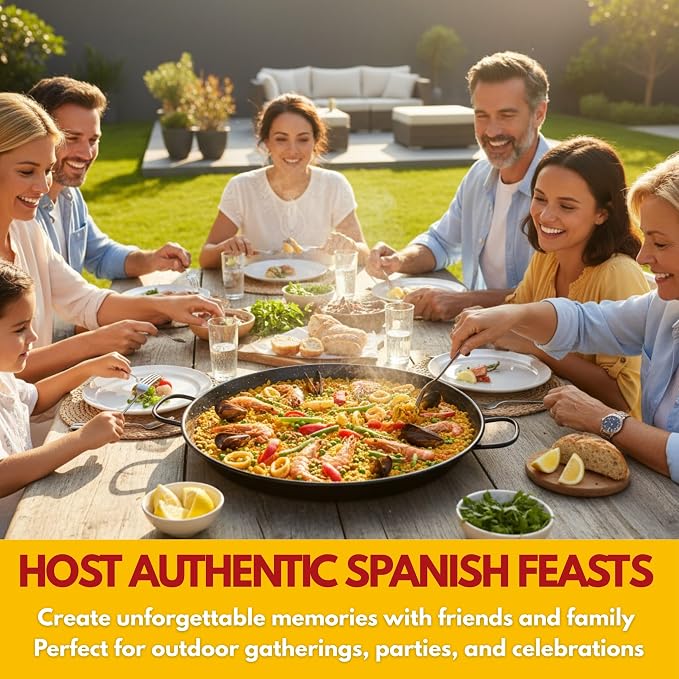Paelluxe Paella Pan Enameled No-Rust Steel Skillet - 22 Inch, 16 Servings | Outdoor Propane Burner Only - Too Wide for Kitchen Stoves & Ovens. 1.2mm Carbon Steel, Easy-Clean Enamel, Handle Holders