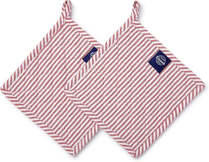 Encasa XO Pot Holders, Quilted Kitchen Hot Pads 8"x8" Ticking Red | 100% Eco-Friendly Cotton | Thick Cotton Padding Insulation | Convenient Hanging Loop | Set of 2