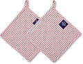 Encasa XO Pot Holders, Quilted Kitchen Hot Pads 8"x8" Ticking Red | 100% Eco-Friendly Cotton | Thick Cotton Padding Insulation | Convenient Hanging Loop | Set of 2