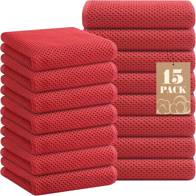 Homaxy 100% Cotton Waffle Weave Kitchen Towels, 15-Pack, Brick Red | Ultra Soft Absorbent Dish Towels, Quick Drying Cleaning Towels, 13 x 28 Inches