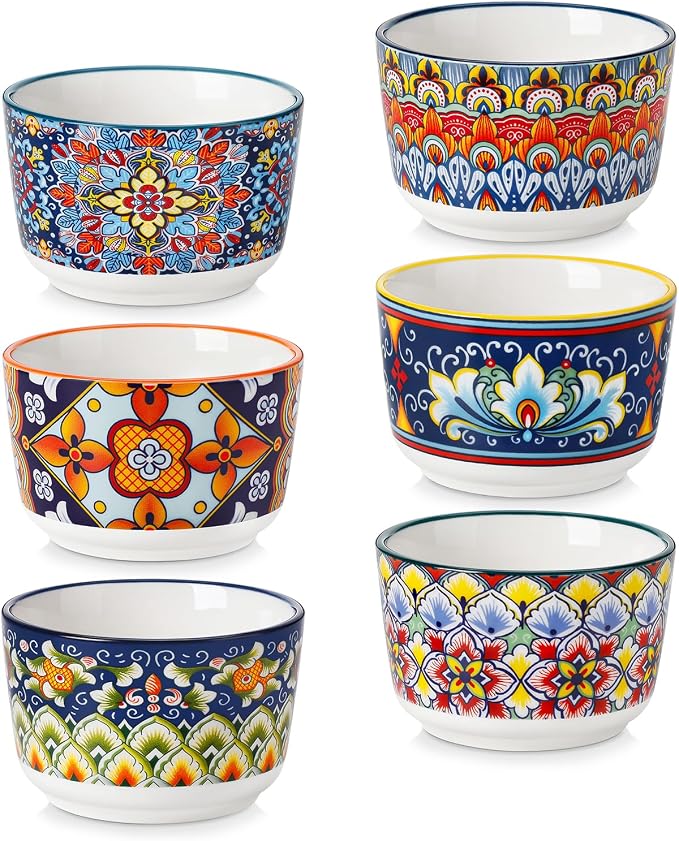 vancasso 4 Oz Ramekins Oven Safe Set of 6, Ceramic Baking Souffle Dishes | Bohemian Ramekins for Creme Brulee, Souffle, Custard, Pudding, Small Bowls for Dipping Sauce, Ice Cream