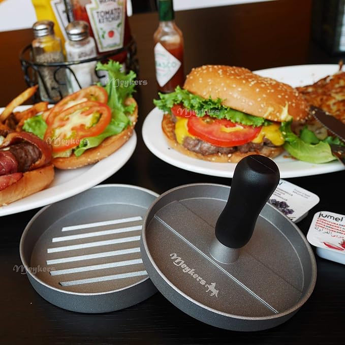 Meykers Hamburger Press Patty Maker 150 Paper, 4.5” Burger Mold Meat Shaper | Non-Stick, BPA Free, Dishwasher Safe, Juice-Locking Grooves, Wax Paper, Beef Cheese Burger for Kitchen Grill Griddle BBQ