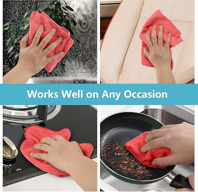 HOMEXCEL 100PK Microfiber Cleaning Cloth, Cleaning Rag for Home, 11.5x11.5 | Reusable, Lint Free, Scratch-Free and Highly Absorbent Towels for Kitchen, Bathroom, Toilet, Sink, Red