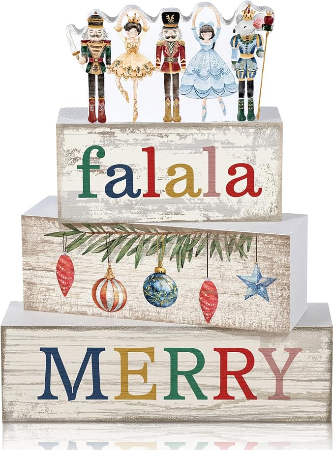 Lineshading 4 Pcs Wooden Nutcracker Block Signs Christmas Farmhouse Decor | Nutcracker Ballet Theme, 3-tiered Stackable Blocks, Rustic Wood Finish for Mantel Shelf Tabletop, Vintage Home Accents