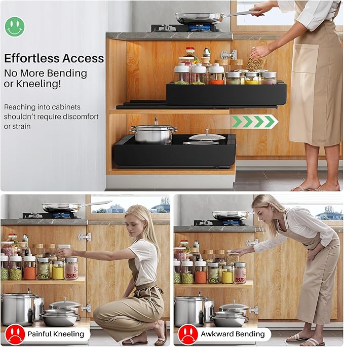 Kitstorack Pull out Cabinet Organizer, Expandable(12"-20") Heavy Duty Slide out Drawer Fixed with Adhesive Nano Film for Pots, Roll out Shelf Storage for Kitchen Base Organization(2-Pack)