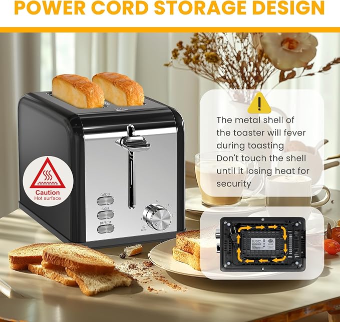 Simple Deluxe 2-Slice Toaster, Stainless Steel Toaster, 6 Browning Setting and 3 Function, Extra Wide Slot & Removable Crumb Tray, for Bread & Waffle, Black