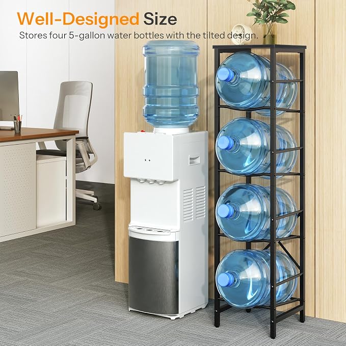HOOBRO Water Jug Rack, Water Bottle Holder, 5 Gallon Water Jug Rack, 4-Tier Water Cooler Storage Rack, Water Dispenser Stand, for Kitchen, Living Room, Office, Black BB02ST01