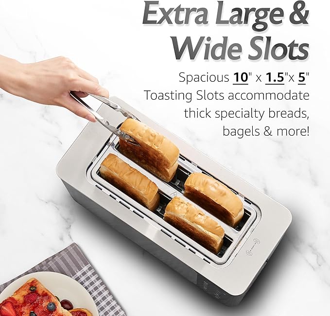 Elite Gourmet ECT5924D SmartToast Digital 4-Slice Toaster, 1370W, Steel | Touch Screen, 6 Shades & 6 Bread Types, Extra-Wide 1.5" Slots Fit Bagels & Texas Toast, Defrost & Reheat - Even Heat