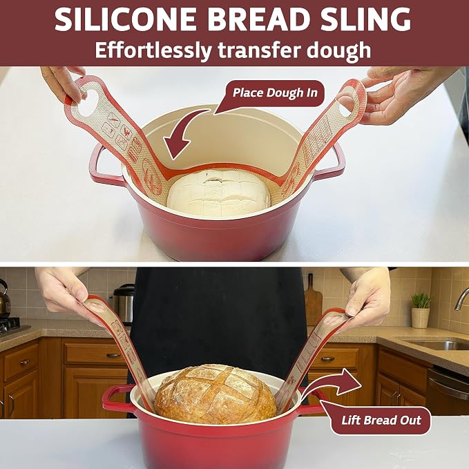 Silicone Bread Sling for Dutch Oven, 2 PCS Non-Stick Reusable Bread Baking Mats with Long Handles, Seamless Design Easy to Transfer Sourdough Sling Silicone Sourdough Sling Dough (Round/Oval Red)