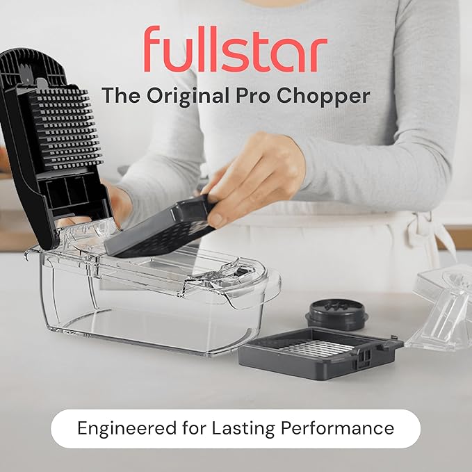 Fullstar Pro Original Vegetable Chopper & Spiralizer, Kitchen Prep Tool | 4 in 1 Veggie Slicer, Onion & Fruit Cutter with Sharp Stainless Steel Blades & Container, All-in-One Food Prep Tool (Clear)