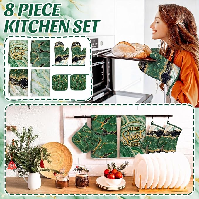 Leinuosen 8 Pcs Green and Gold Marble Kitchen Towels and Dishcloths Sets Oven Mitts and Pot Holders Absorbent Kitchen Gloves Potholders Heat Resistant for Chef Baking Cooking