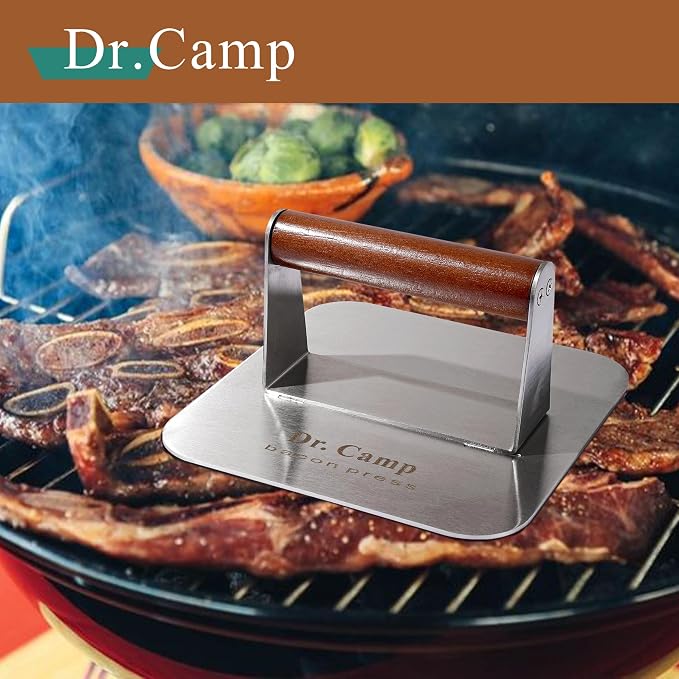 Dr.Camp 7 Inch Stainless Steel Burger Press with Real Wood Handle Heavy Duty Bacon Press Grill Press for Griddle Flat Top Smash Burger Press Hamburger Smasher Meat Press (Square)