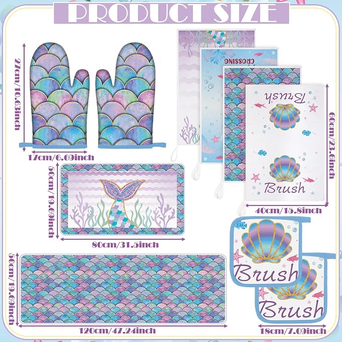 Fourluoo 10 Pcs Mermaid Kitchen Dish Towels Rugs Oven Mitts and Pot Holders Set Farmhouse Kitchen Decor Set for Women Mom Daughter Gift Cooking Baking Grilling