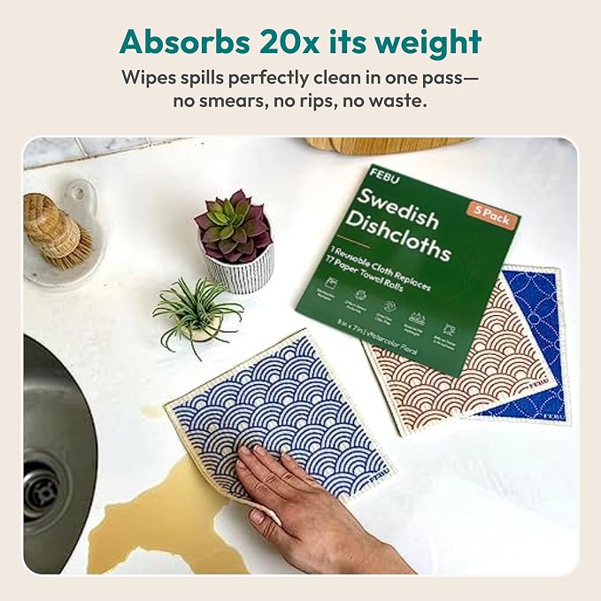 Swedish Dishcloths for Kitchen, 5 Pack, Vintage Kitchen | Reusable Paper Towels Washable, Non-Scratch Cellulose Sponge Cloths, No Odor, Biodegradable