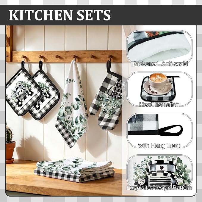 8 Pcs Kitchen Towels Pot Holders and Oven Mitt Set Kitchen Accessories 4 Dish Towels 2 Absorbent Square Potholders 2 Heat Resistant Glove for Cooking Baking Home (Green(Eucalyptus Leaf))