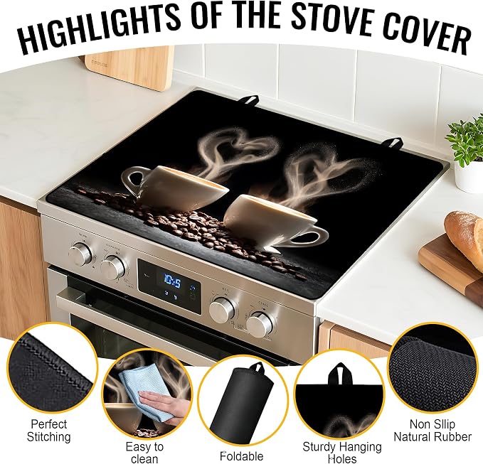 NYZE 28x20 Inch Electric Stove Top Cover - Heat Resistant Glass Flat Top Stovetop Protector Mat, Coffee Themed Dish Drying Mat & Extra Counter Space Saver for Kitchen Decor