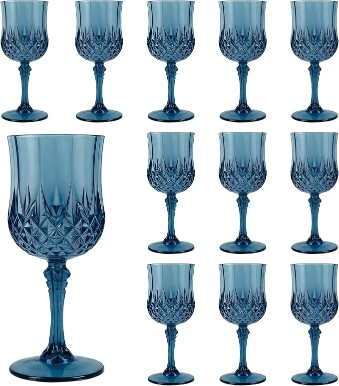 12Pack Plastic Wine Glasses, 7oz Vintage Goblets for Wedding | Unbreakable Crystal Style Reusable Stemware, Elegant Navy Blue Drinking Glass for Party Anniversary & Holiday Celebration