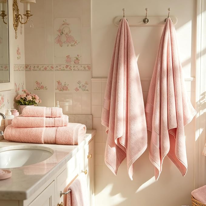 COZYART Luxury Bath Towels 2 PCS, Pink 100% Turkish Cotton 650 GSM | OEKO-Tex 100 Certified Zero Twist Ring Spun, Soft Absorbent Quick Dry, Plush Fluffy, Breathable Hotel Quality for Daily Use