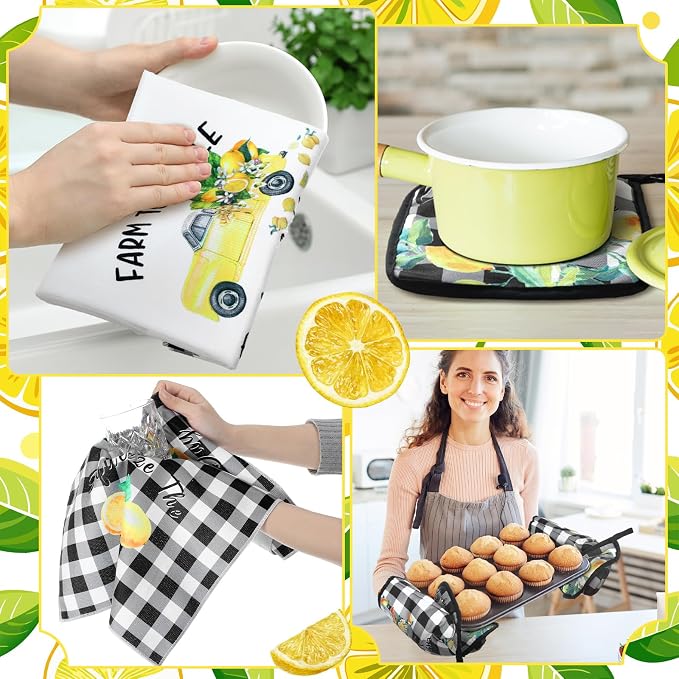 Fourluoo 10 Pcs Lemon Kitchen Decor Set Dish Towels Kitchen Rugs Oven Mitts and Pot Holders for Cooking Baking Grilling Women Mom Gift