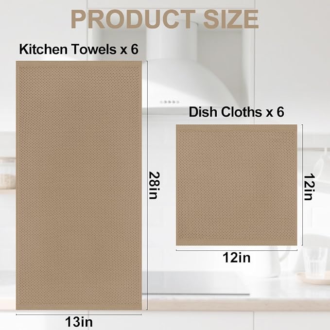 Homaxy 12 Pack 100% Cotton Kitchen Towels and Dishcloths Set, Tan | 12 x 12 Inches and 13 x 28 Inches Kitchen Towels Set, Ultra Soft Absorbent Dish Cloths for Washing Dishes