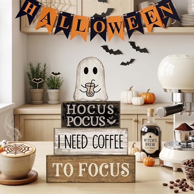 Lineshading 4 Pcs Wooden Tiered Tray Decor Ghost Coffee Block Signs | Farmhouse Tabletop Decor for Halloween, Coffee Theme Hocus Pocus Humor Blocks, Rustic Gift for Home Styling