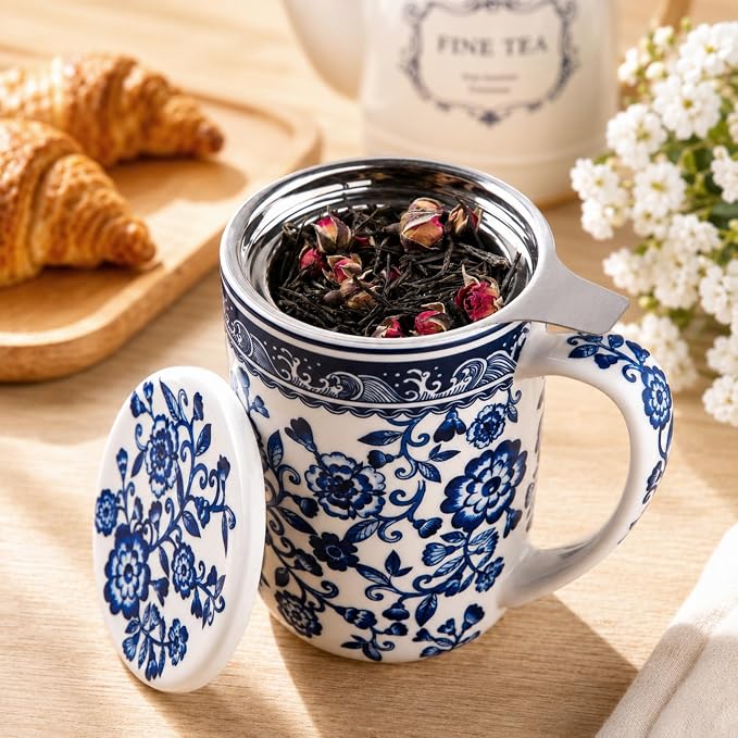 AmorArc Tea Cup With Infuser and Lid, 18oz Loose Leaf Tea Mug With Steeper | Porcelain Tea Mug With Infuser and Lid, Large Strainer Tea Cup with Lid for Tea, Coffee Mug for House-warming Birthday Gift