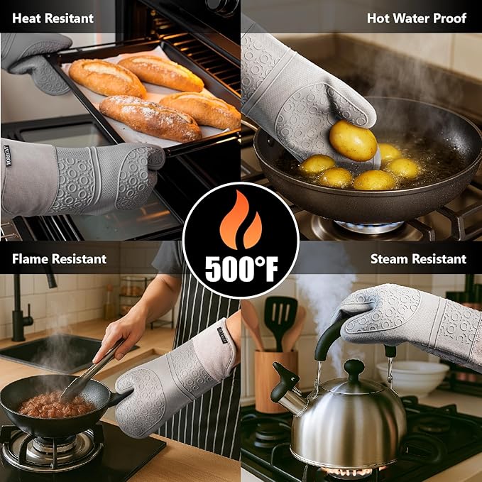 RORECAY Silicone Oven Mitts and Pot Holders Sets, Gloves for Kitchen, Gray | Set of 6 Kitchen Mitts for Baking & Cooking, Heat Resistant 500 ℉, 15" Extra Long, Non-Slip & Waterproof, Quilted Cotton