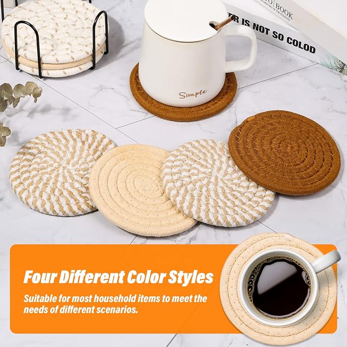 Drink Coasters Set of 8, 4 Colors Absorbent Coasters for Drinks, Minimalist Cotton Woven Coaster for Living Room Decor, Fall Home Decor, 4.3 Inches