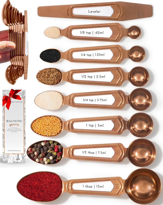Styled Settings Copper Measuring Spoons Set with Leveler, 8-Piece | Double-Sided Nesting Magnetic Measuring Spoons, Stackable & Spice Jar Friendly -Stylish Copper Kitchen Accessories for Baking