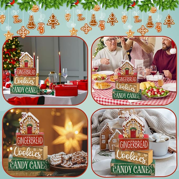 Lineshading 4 Pcs Christmas Table Decor Gingerbread House Tiered Tray Decor | Wood Rustic Gingerbread Block Signs, Christmas Table Centerpiece, Farmhouse Home Decor for Table Kitchen Shelf Party Gift
