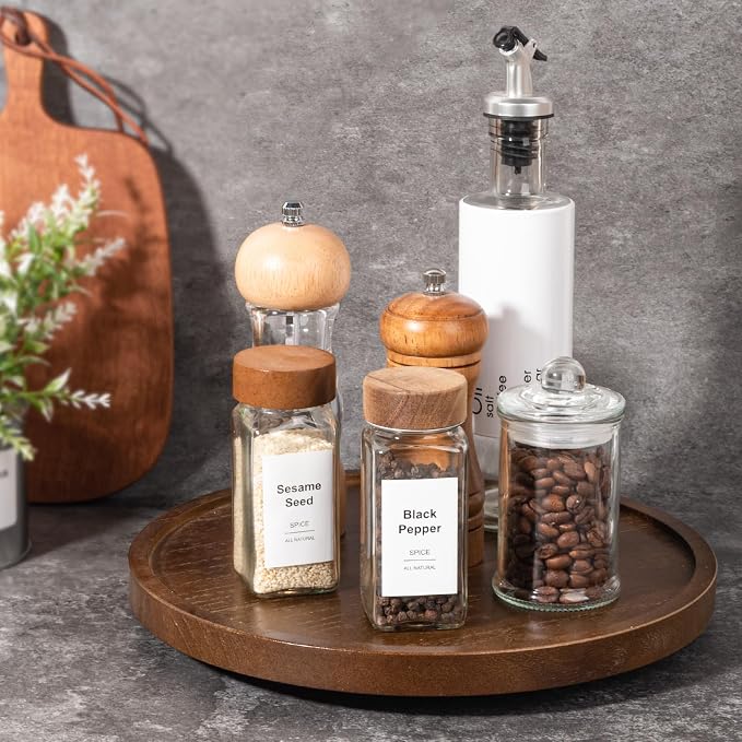 Wood Lazy Susan Organizer Kitchen Turntable for Cabinet Farmhouse Bathroom Decor Round Decorative Tray for Vanity, Counter, Sink, Coffee Table, 11 Inch, Walnut | Waterpoof, Easy clean, Non-slip, Rotating Wooden Decorative Pantry Table Tray for Seasonin...