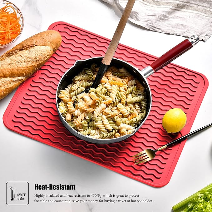 Silicone Dish Drying Mat, Non-Slip Easy Clean Sink Mat, Red, 18" x 16" | Quick-Dry Ridges, Large Heat-resistant Dish Drainer Mat for Kitchen Counter, Hangable & Roll-Up for Storage, Dishwasher Safe