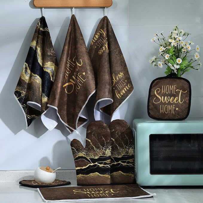 Leinuosen Brown and Gold Marble 8 Pcs Kitchen Towels and Dishcloths Sets Oven Mitts and Pot Holders Absorbent Kitchen Gloves Potholders Heat Resistant for Chef Baking Cooking