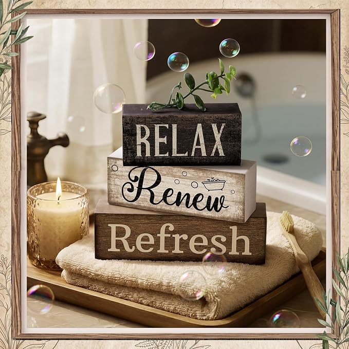 Lineshading 4 Pcs Wooden Farmhouse Block Signs Relax Renew Refresh | Rustic Tiered Tray Decor for Bathroom Shelf, Living Room, Farmhouse Home Decorations, Distressed Wood Finish with Greenery