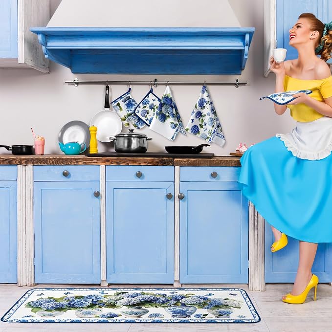 Fanfanwin 10 Pcs Chinoiserie Blue White Hydrangea Kitchen Decor Set Blue and White Chinese Floral Dish Towels Rugs Oven Mitts Pot Holders for Cooking Baking Mom Gift Home Hydrangea Decor