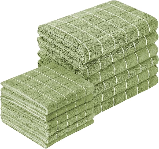 Puomue Microfiber Kitchen Towels and Dishcloths Set, 26 x 18 Inch and 12 x 12 Inch, Set of 12 Bulk Lint Free Dish Towels for Drying Dishes, Olive Green