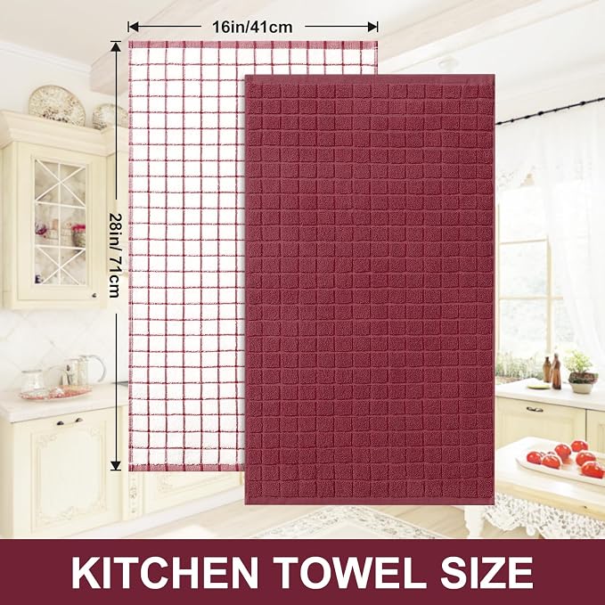Homaxy Large Premium Cotton Kitchen Towels 16"x 28", 4 Pack, Red | Natural Ring Spun 390 GSM Dish Towels, Super Absorbent Terry Kitchen Hand Towels, Soft Tea Towels with Hanging Loop